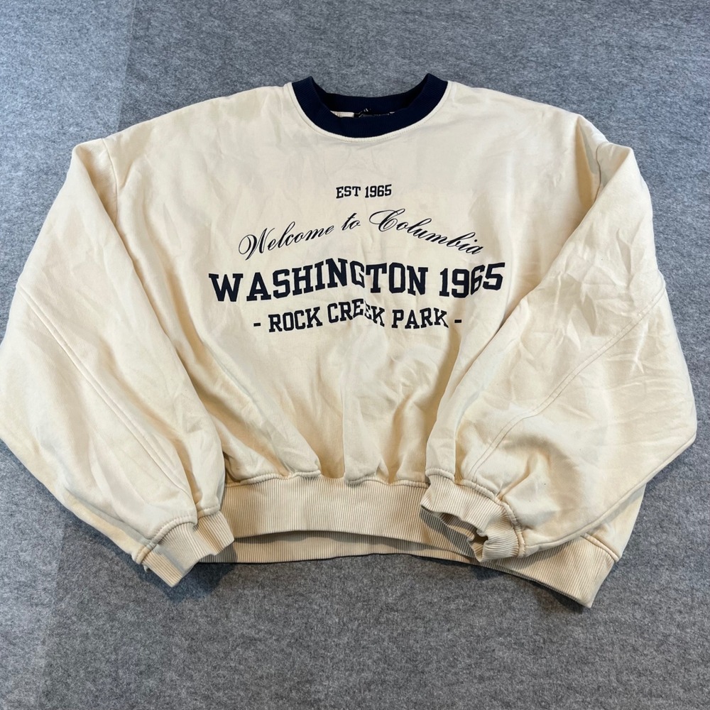 Zara Womens Washington 1965 Sweatshirt Cream Navy Graphic Pullover M Collegiate